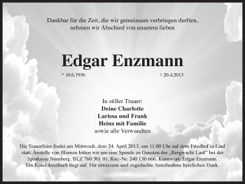 Traueranzeige von Edgar Enzmann von Pegnitz-Zeitung
